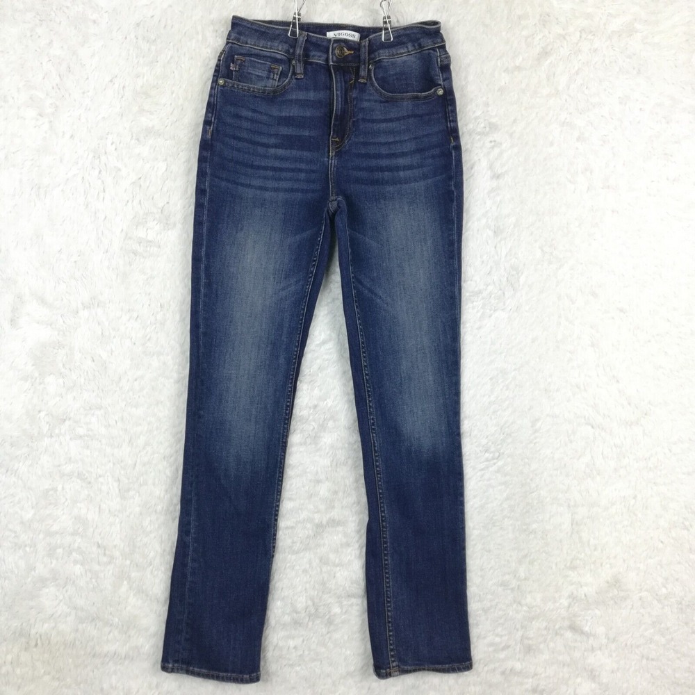 Vigoss Womens Jeans Ace Straight Leg Blue Denim Stone Wash Whiskered Mid Rise 25